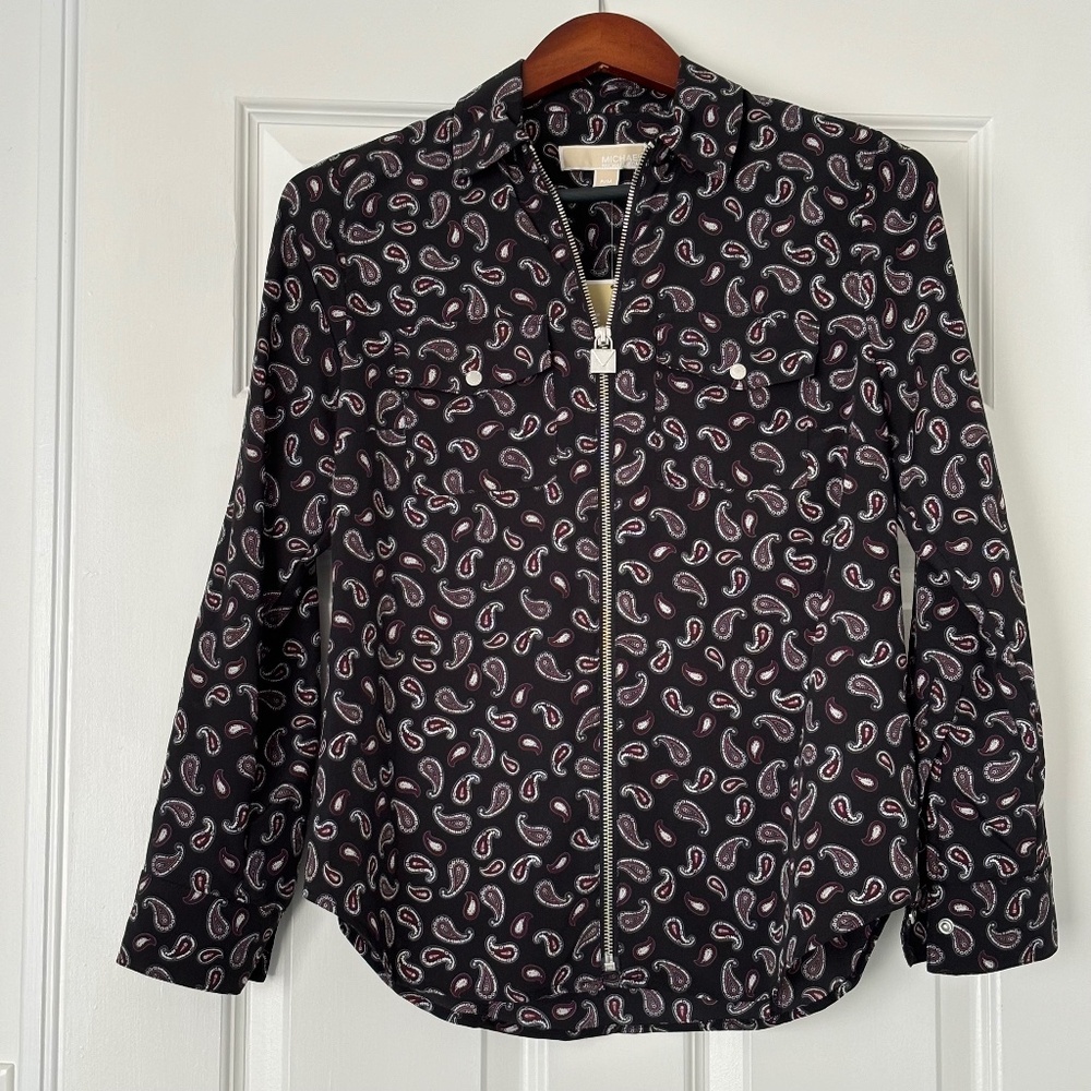 Michael Kors Dark Ruby Paisley Long Sleeve Shirt - Black - Medium Petite - NWT
